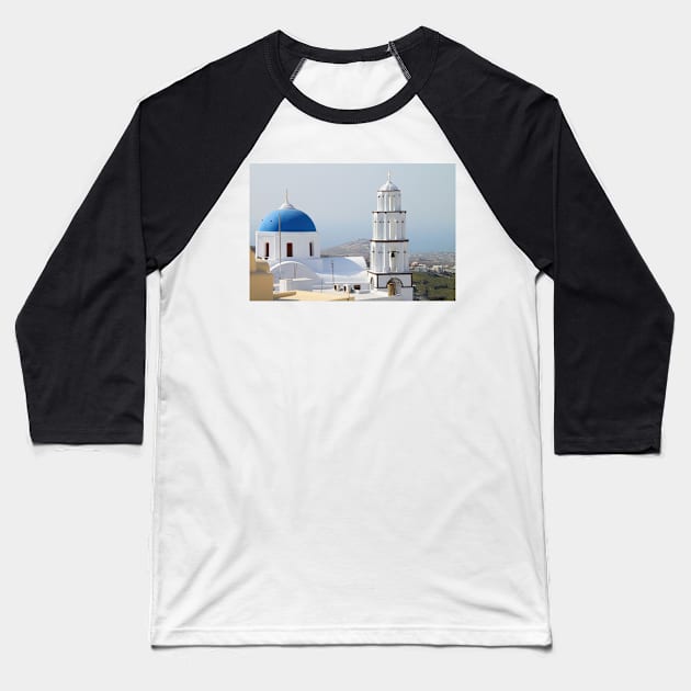 Church and Bell Tower, Pyrgos, Santorini Baseball T-Shirt by Carole-Anne